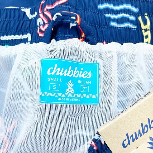 Chubbies The Neon Lights Classic 7" Swim Trunk Palm Tree Flamingo Blue Small - Picture 5 of 6